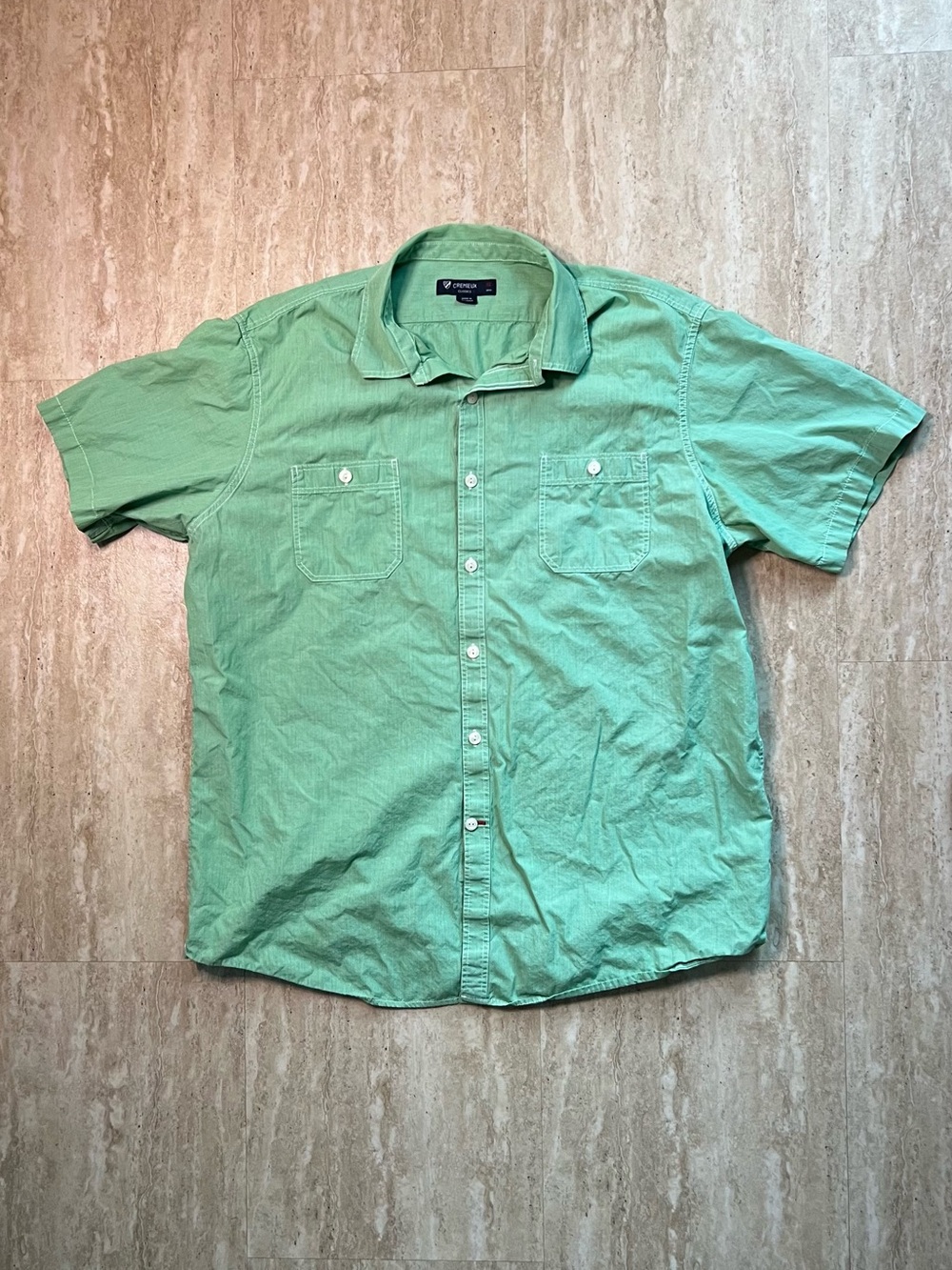 Cremieux Classic Short-Sleeve Button-Down Shirt in Stripe Green Cotton XL